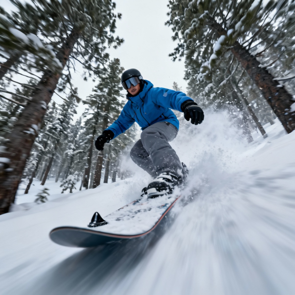 AI snowboarder POV tree run