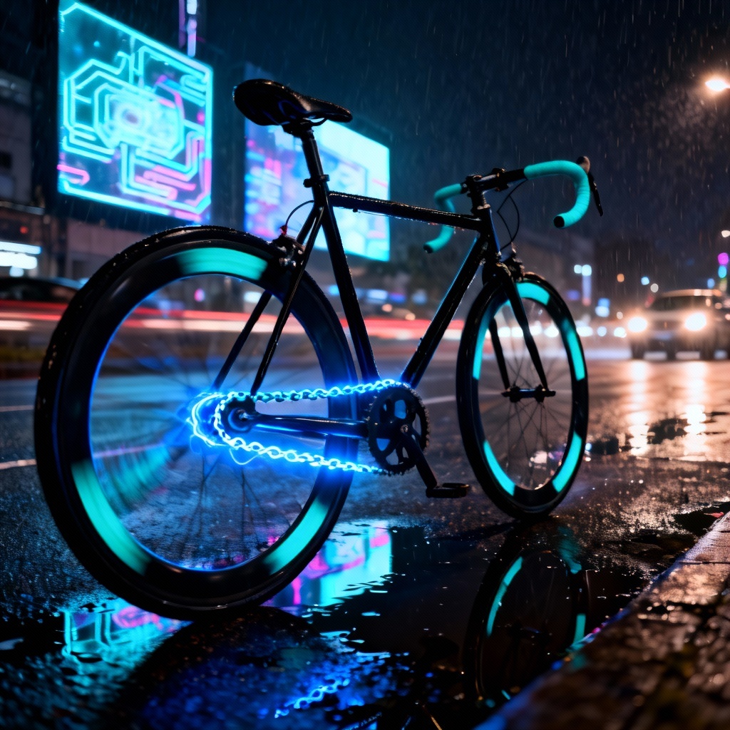 AI neon fixie bike in cyberpunk city