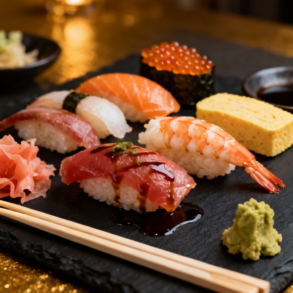 AI sushi assortment on slate with chopsticks