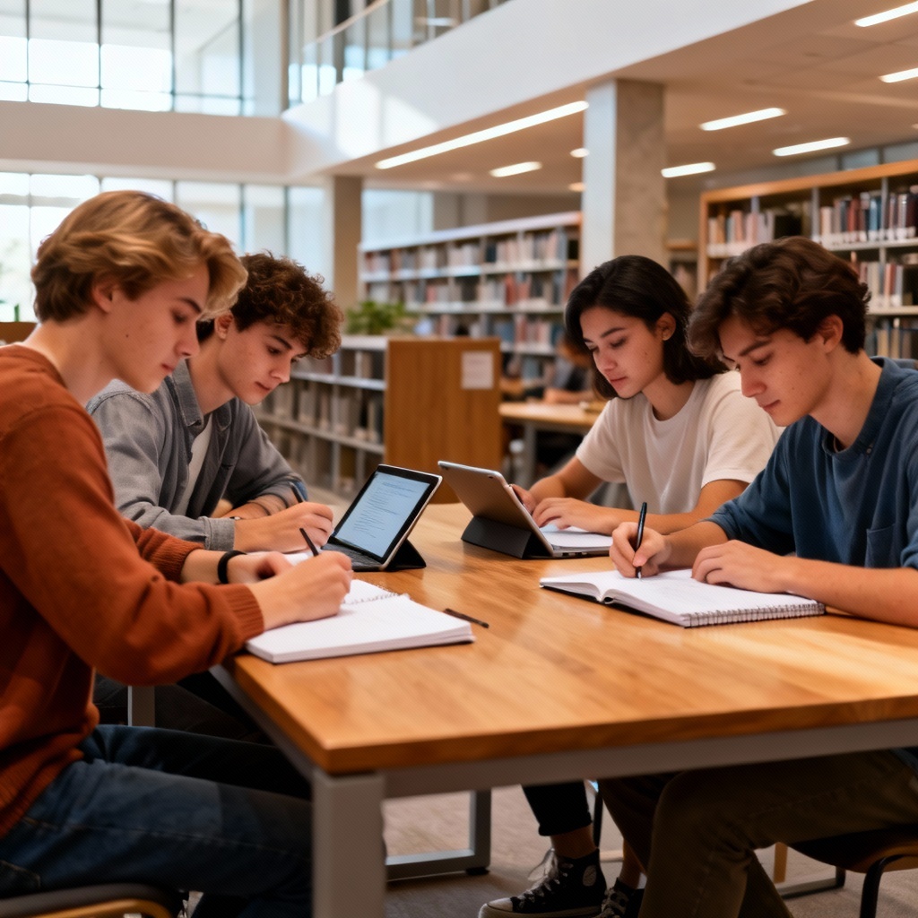 AI college study group of young adults in library