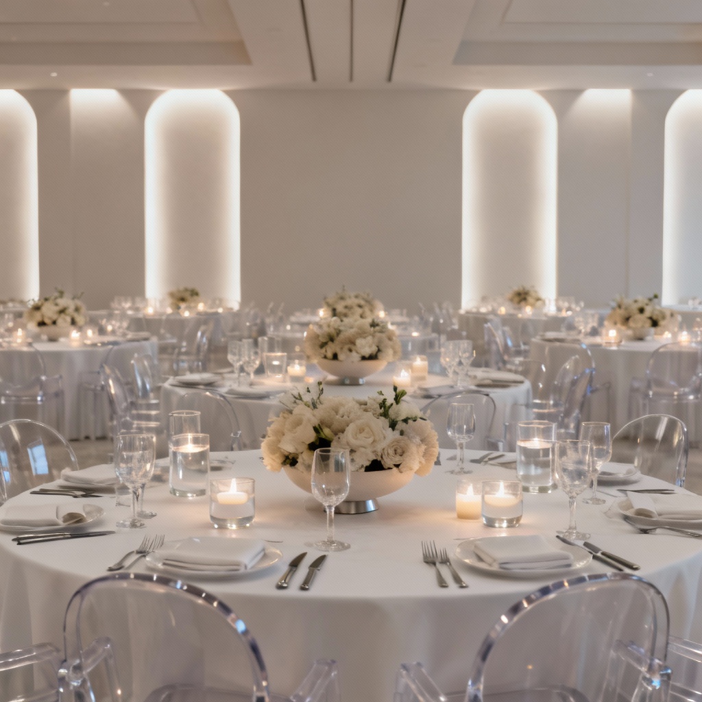 AI modern ballroom wedding tablescape in white minimalist style