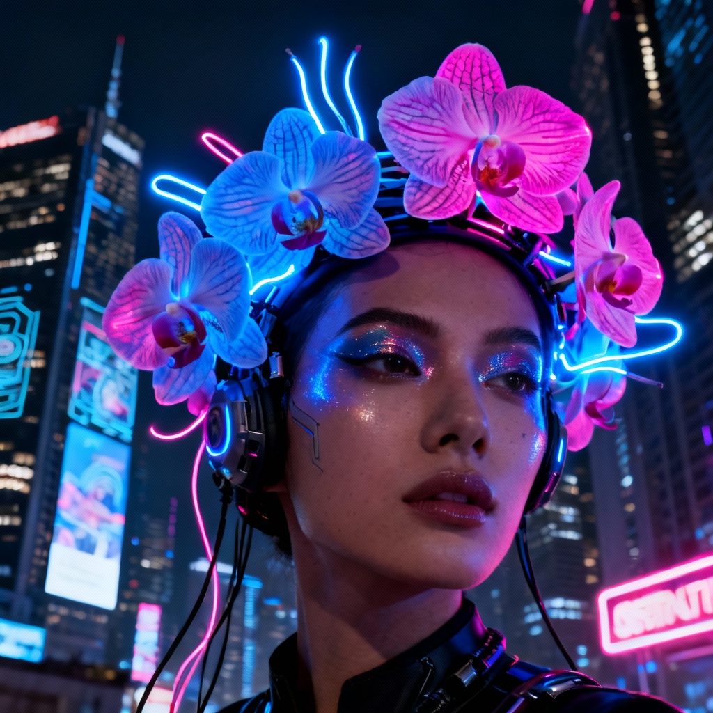 AI neon orchid cyberpunk floral headgear