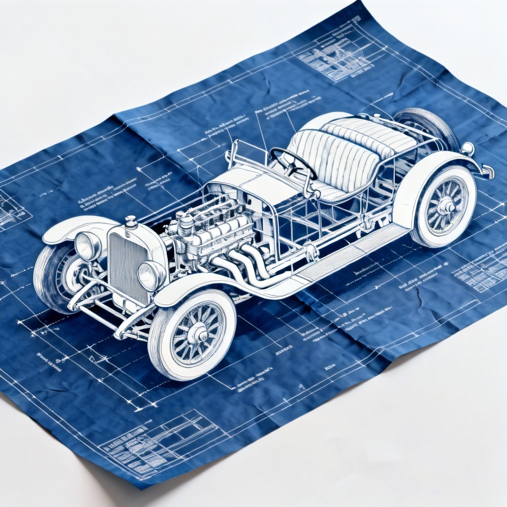 AI blueprint cutaway of a classic roadster