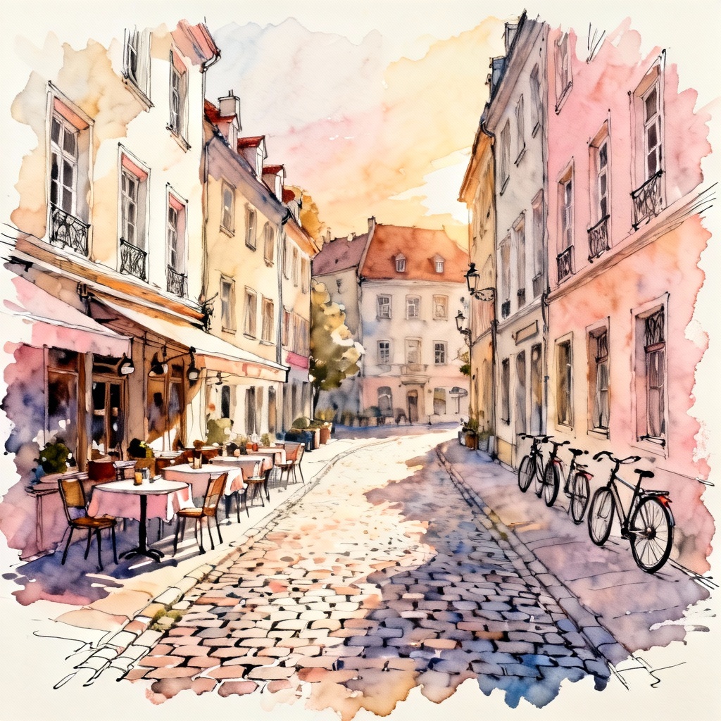Watercolor urban old town street scene