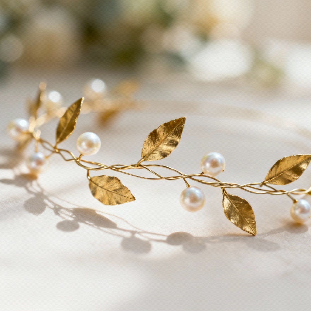 AI boho gold leaf hair vine with pearls