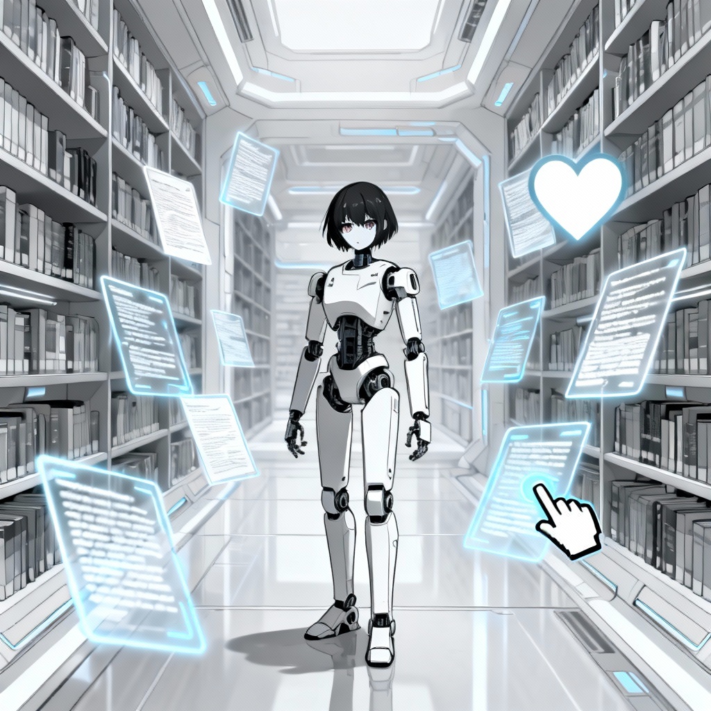 AI yandere robot archivist with floating hologram pages