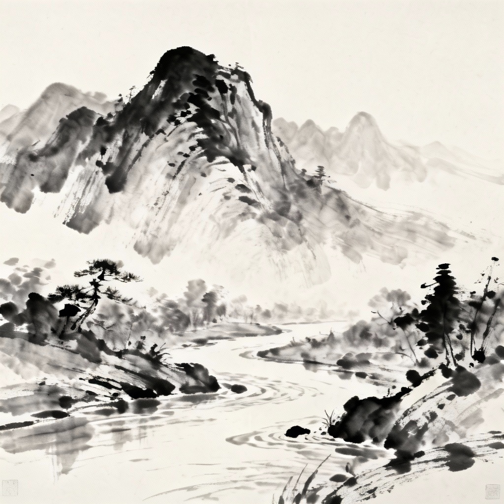 AI ink wash landscape with calligraphy brush strokes