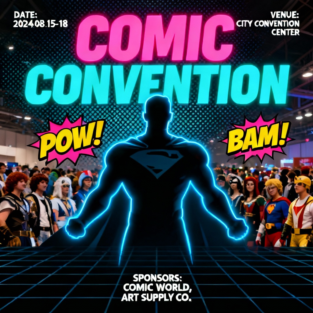 AI Comic Con poster generator preview with pop art halftone and bold title
