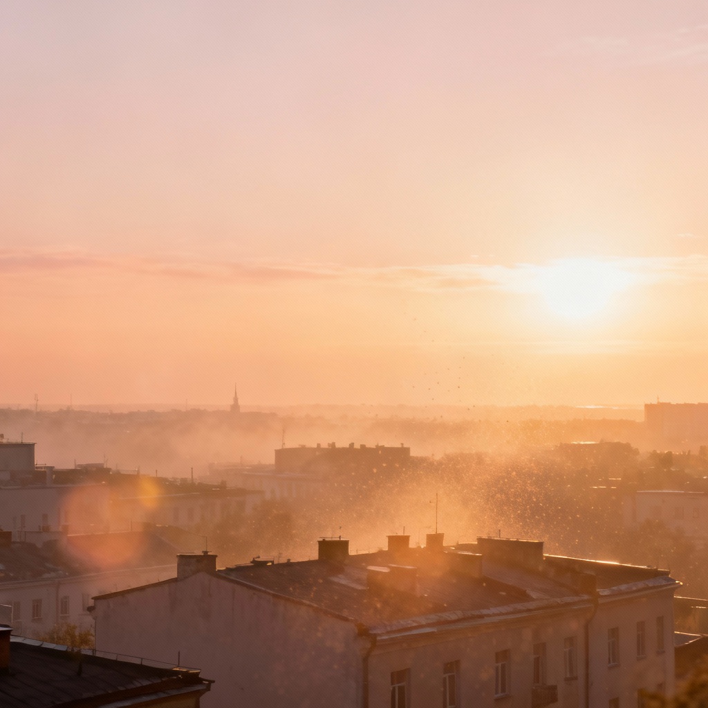AI dreamy city rooftops at golden hour with haze