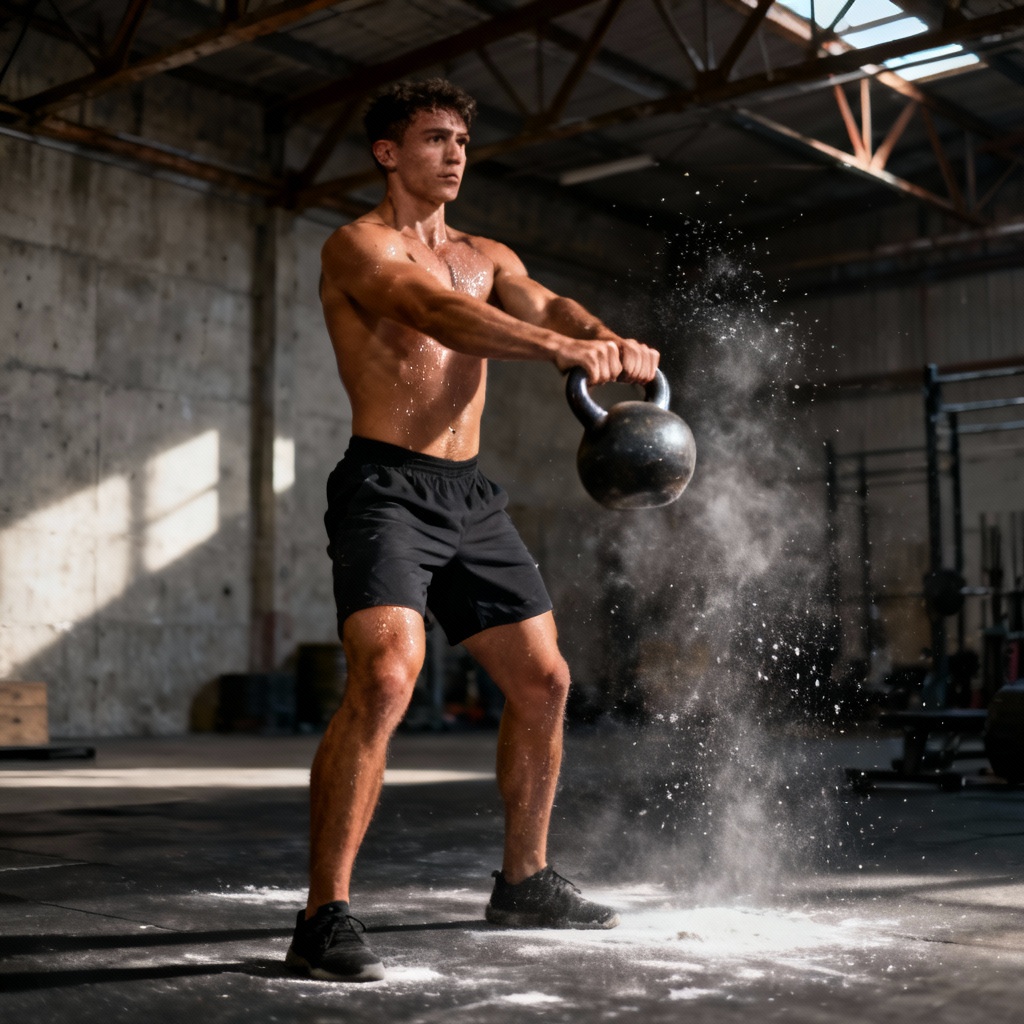 AI unisex fitness model swinging a kettlebell in a warehouse gym