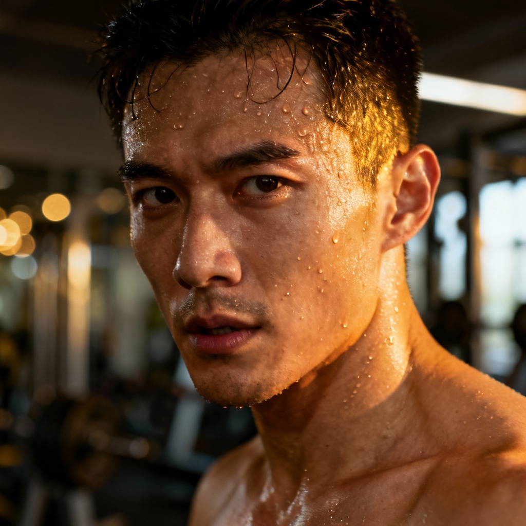 AI fitness portrait with sweaty skin and moisture sheen