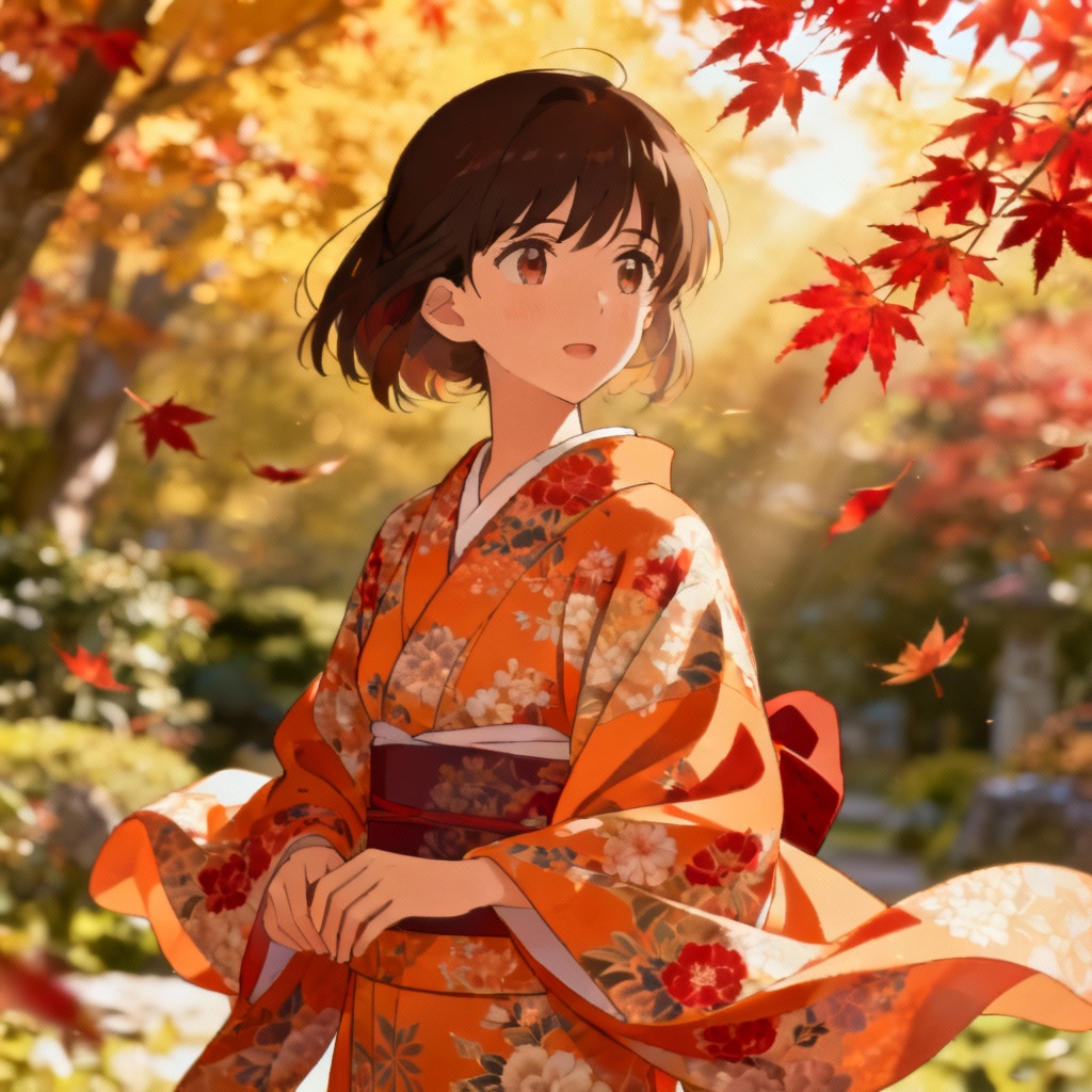 Traditional kimono Mai avatar in autumn garden