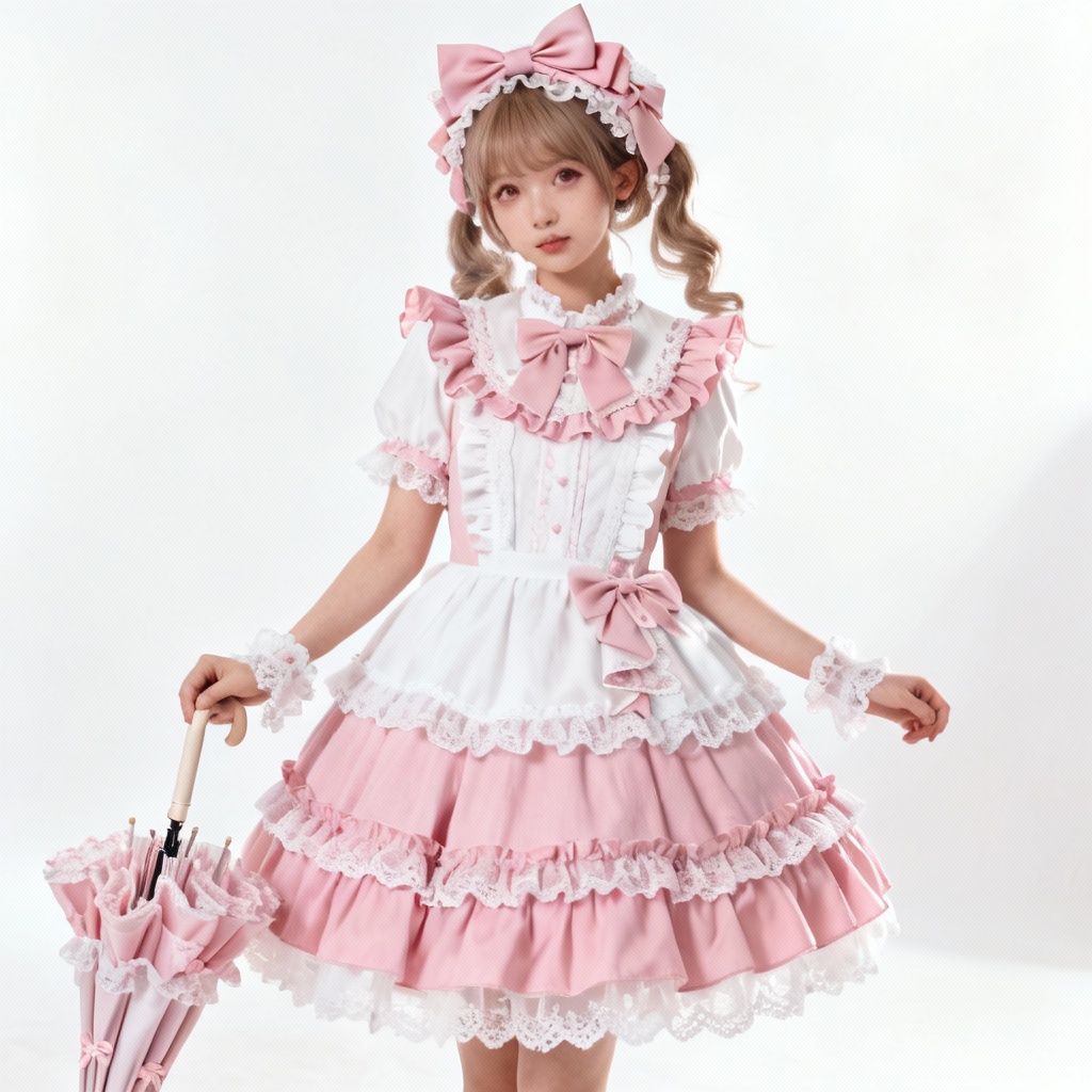 Kawaii lolita outfit in pastel pink with lace and bows