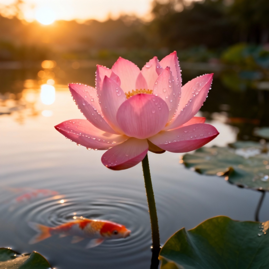 AI photorealistic pink lotus flower with dew at sunrise on a calm pond
