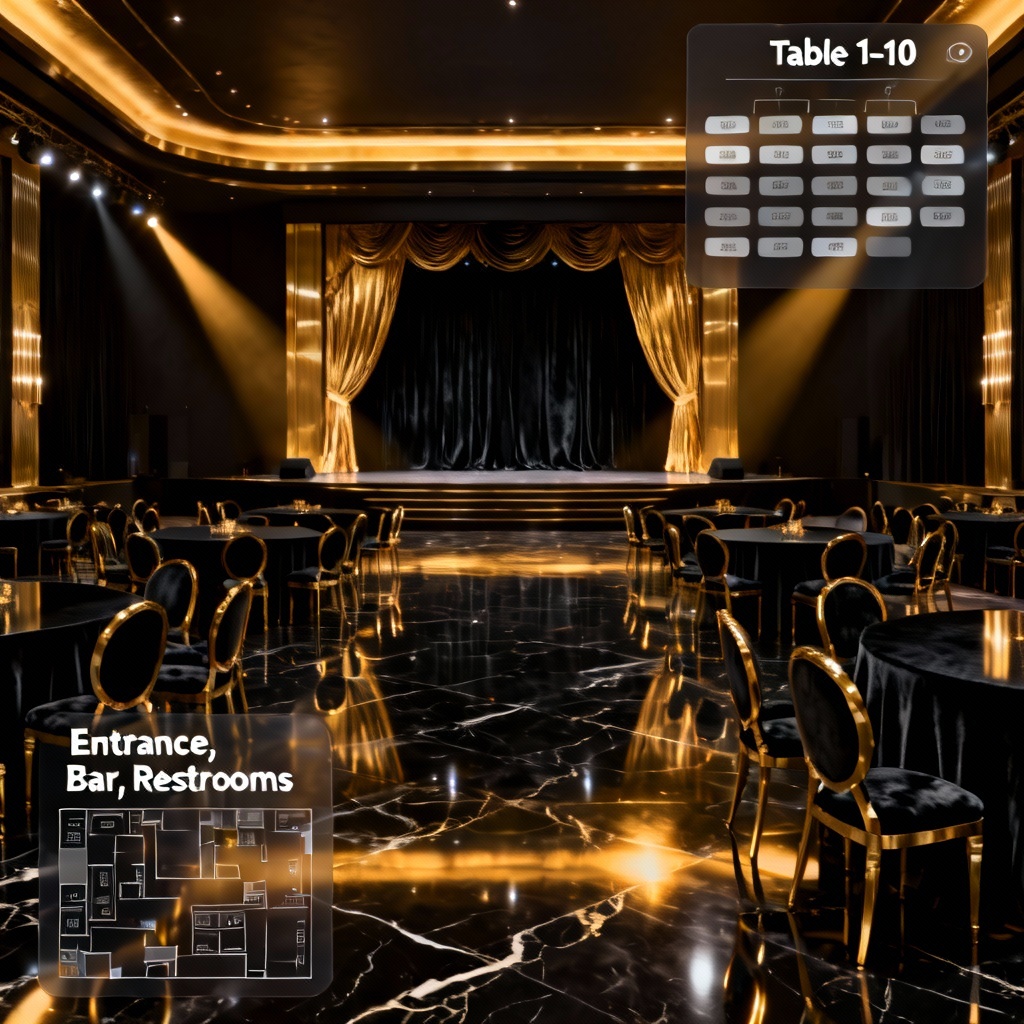 AI black tie gala layout with seating chart and stage