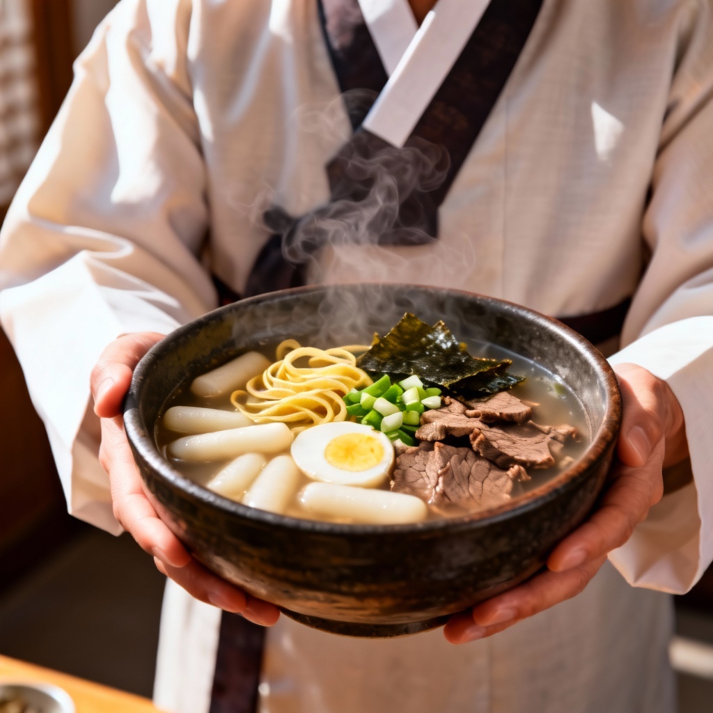 AI tteokguk chef holding steaming rice cake soup