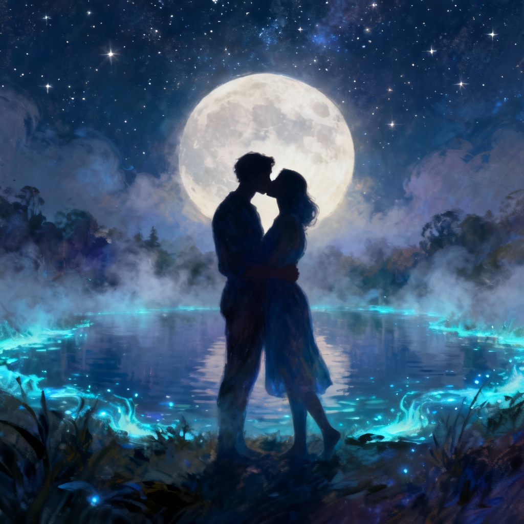 AI fantasy moonlit lake kiss silhouette
