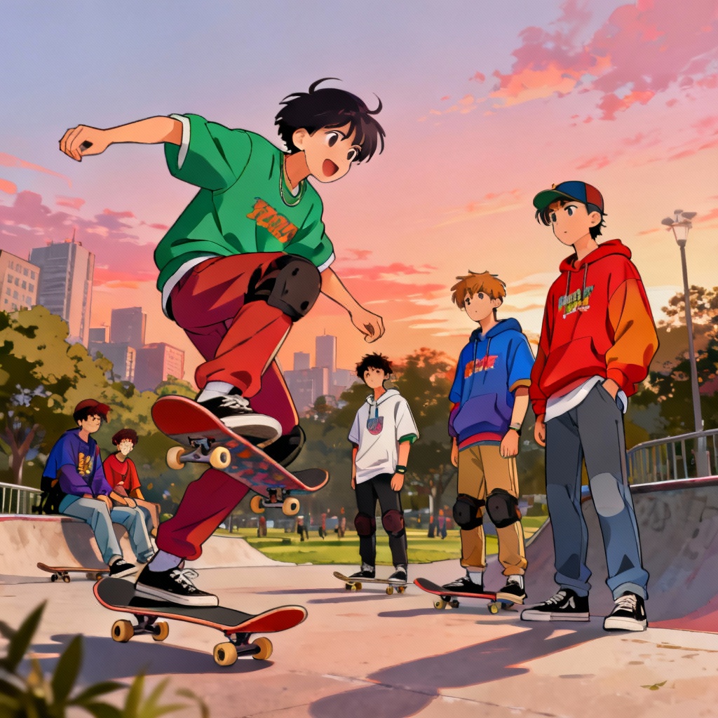 Anime teen skate crew at city park
