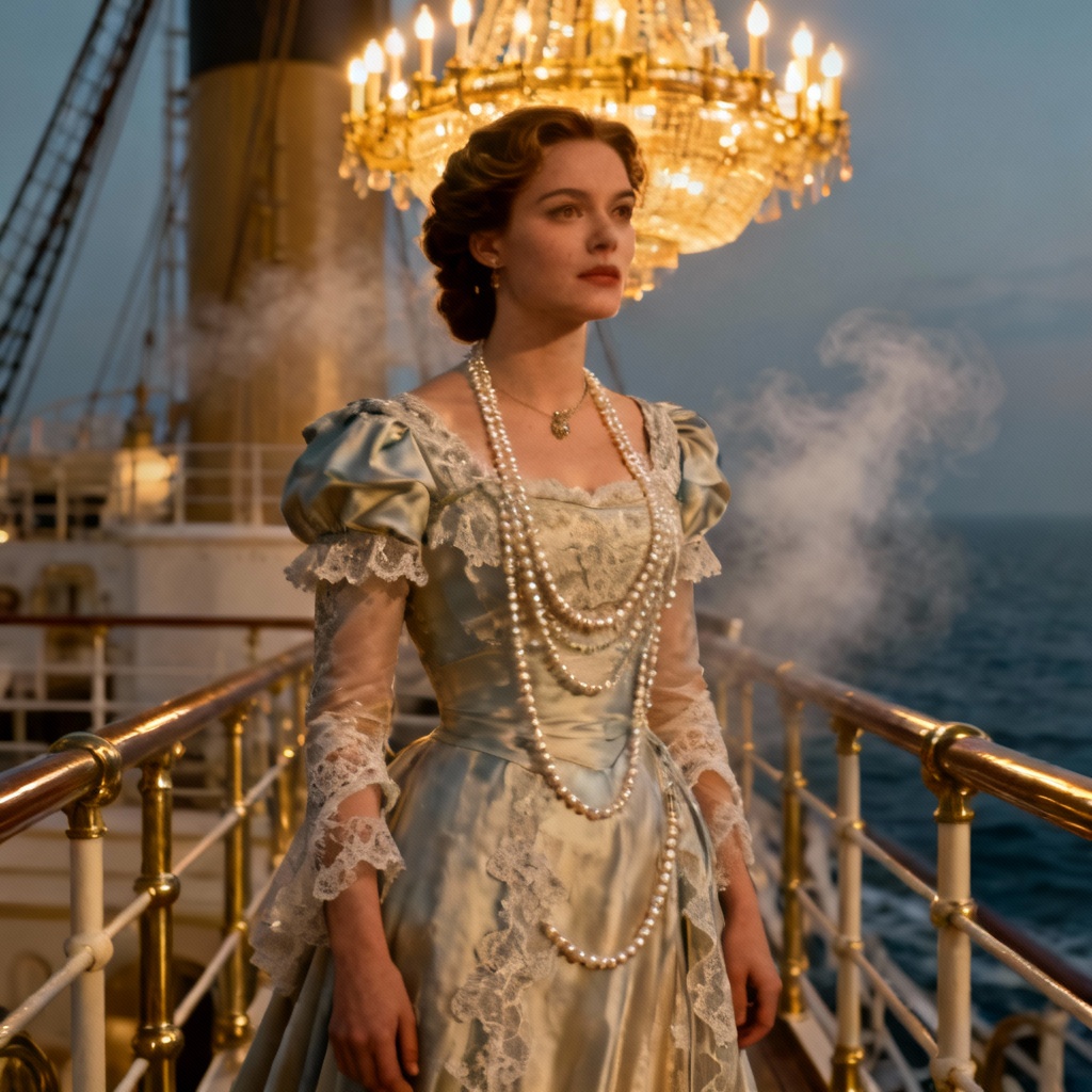 AI Titanic princess in an Edwardian ball gown on an ocean liner