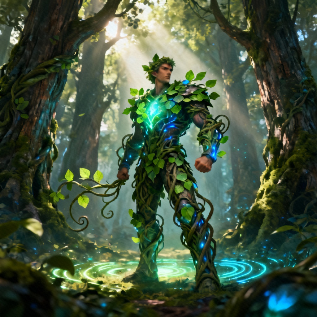 AI nature superhero with vine armor in glowing forest