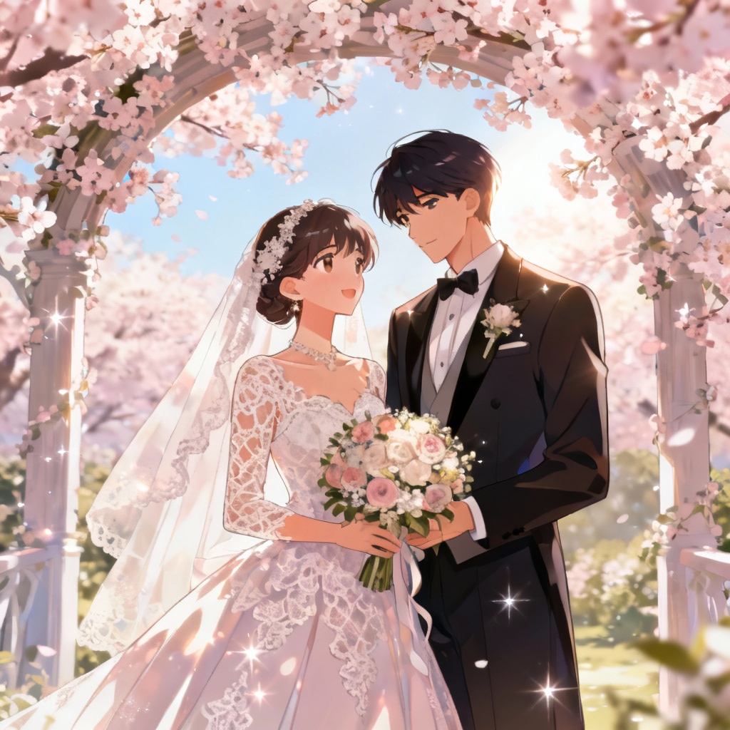 AI Wedding Anime Couple Under Sakura Arch