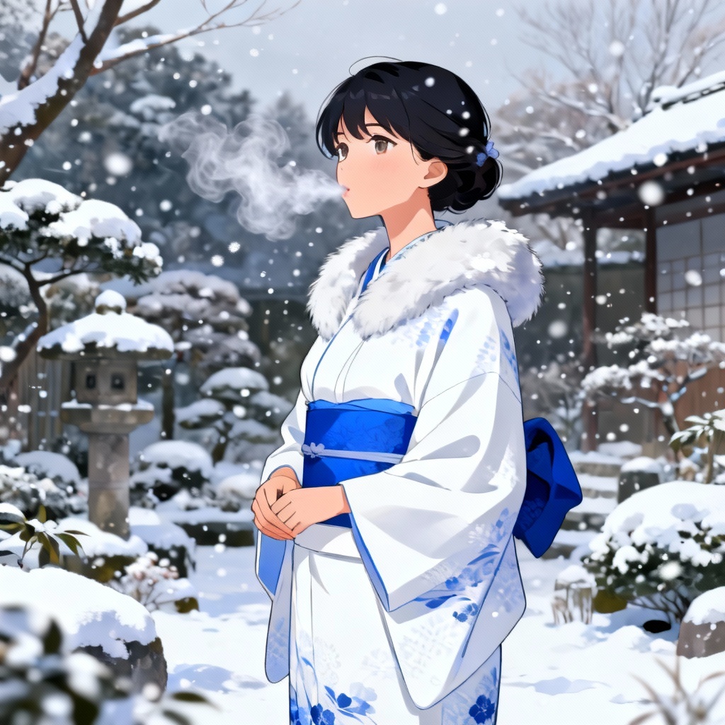 AI winter kimono in snow garden