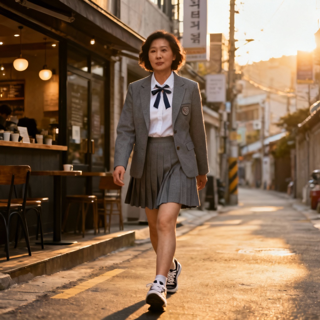 Adult model in Korean uniform style walking on a Seoul street