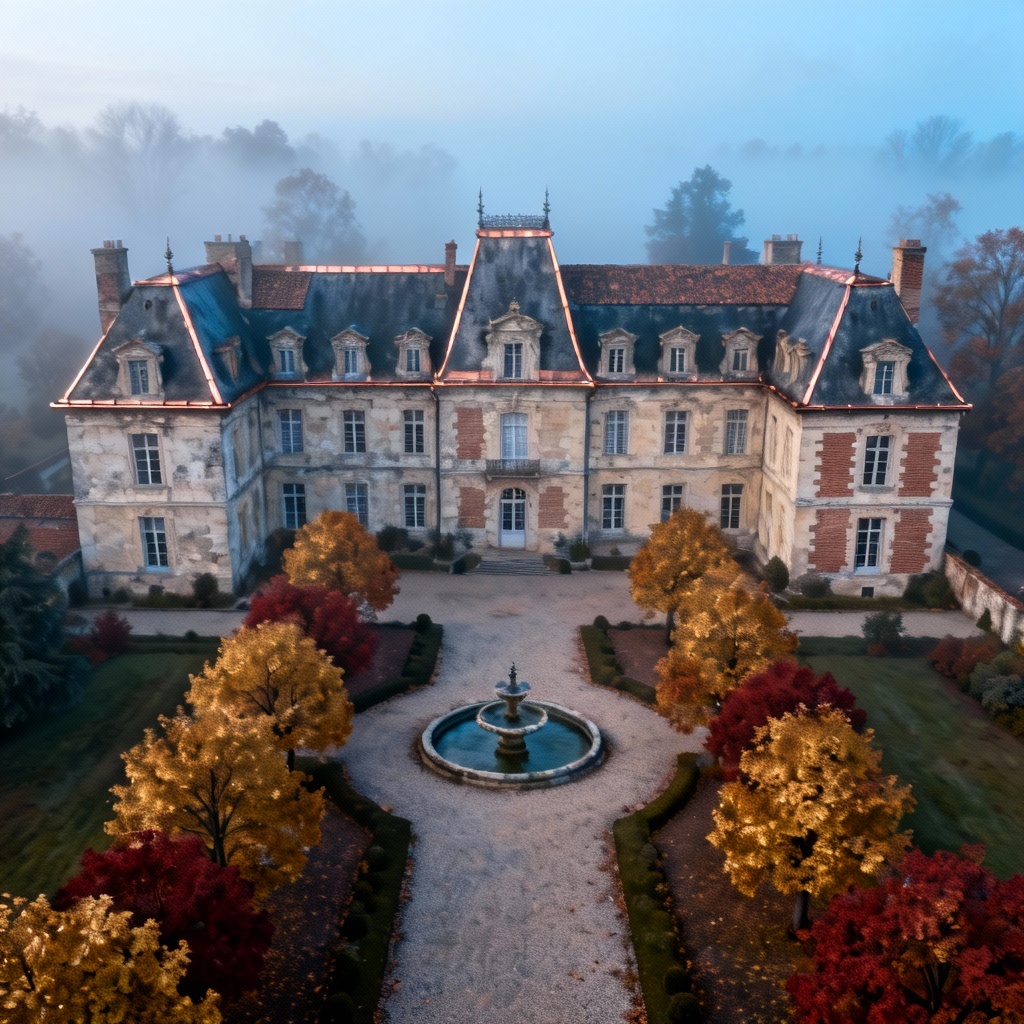 AI French chateau autumn aerial view