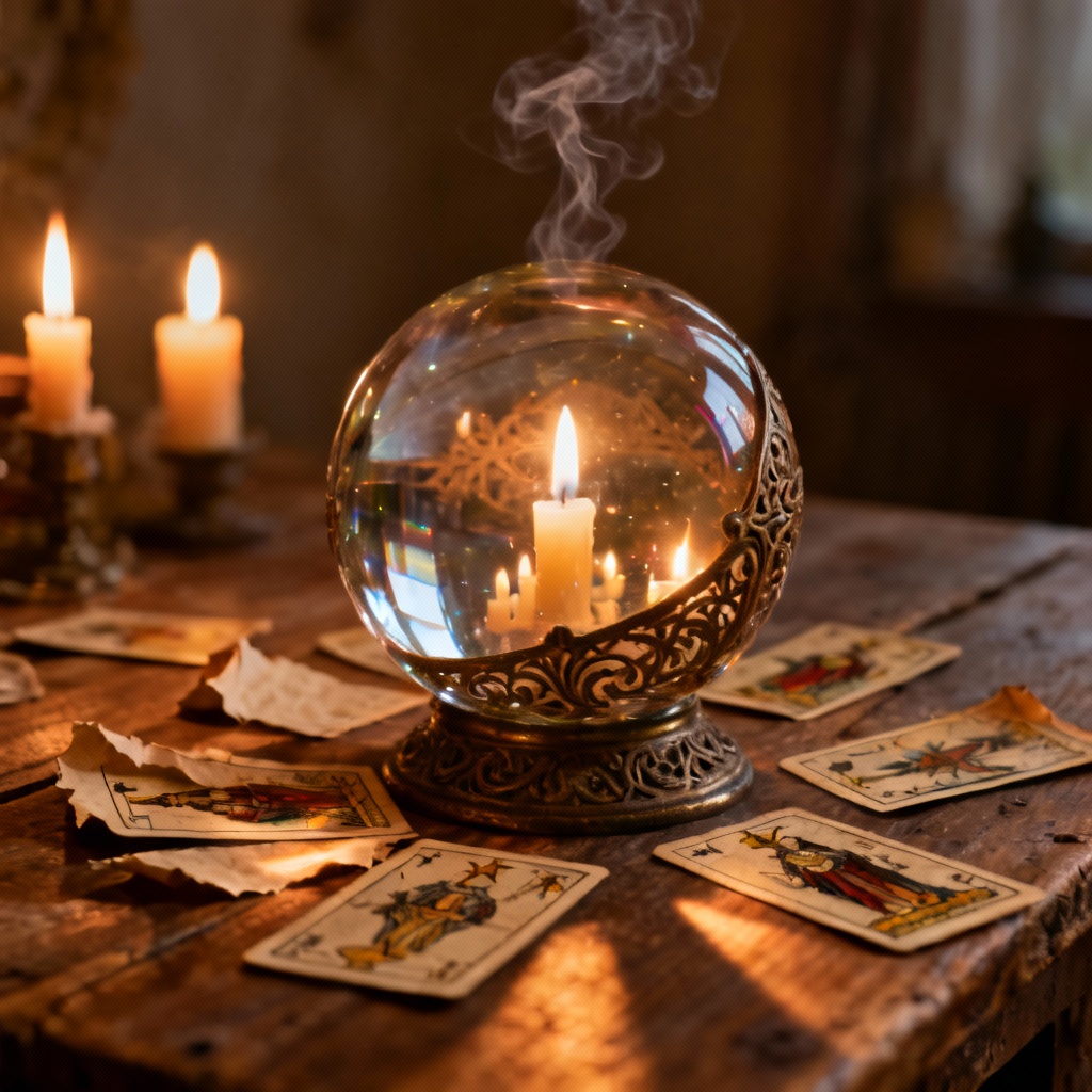 Mystic crystal ball on wooden table with candles and tarot cards