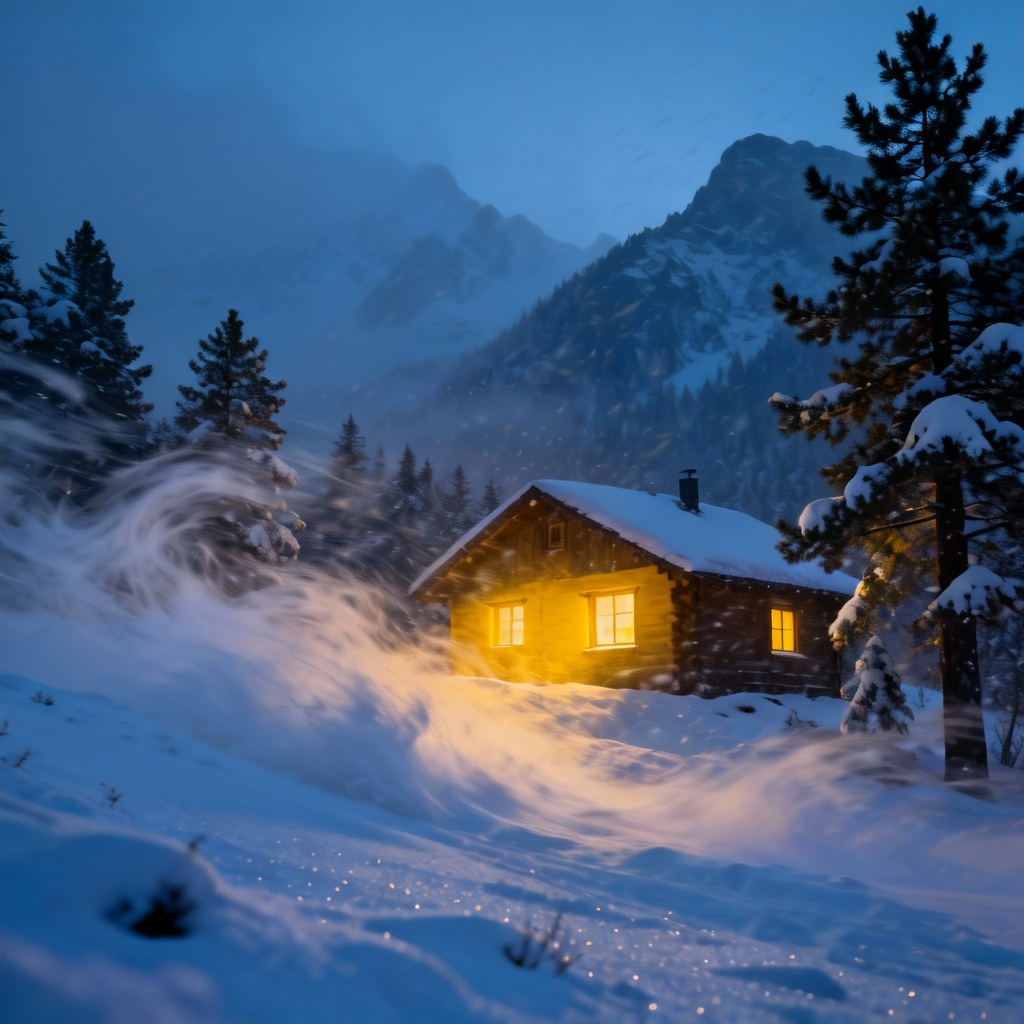 AI blizzard snow at wooden cabin