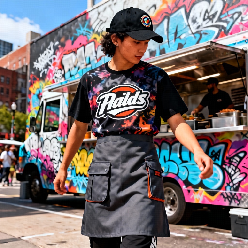 Food truck streetwear uniform with graphic tee and utility apron