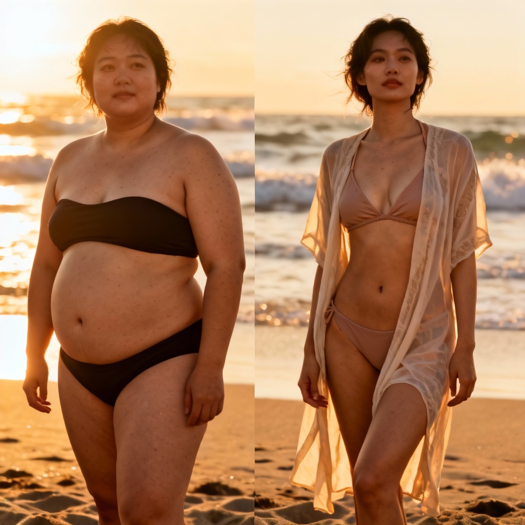 AI beach-ready weight loss before and after image
