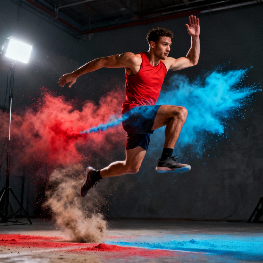 Athlete jumping with color powder splash portrait