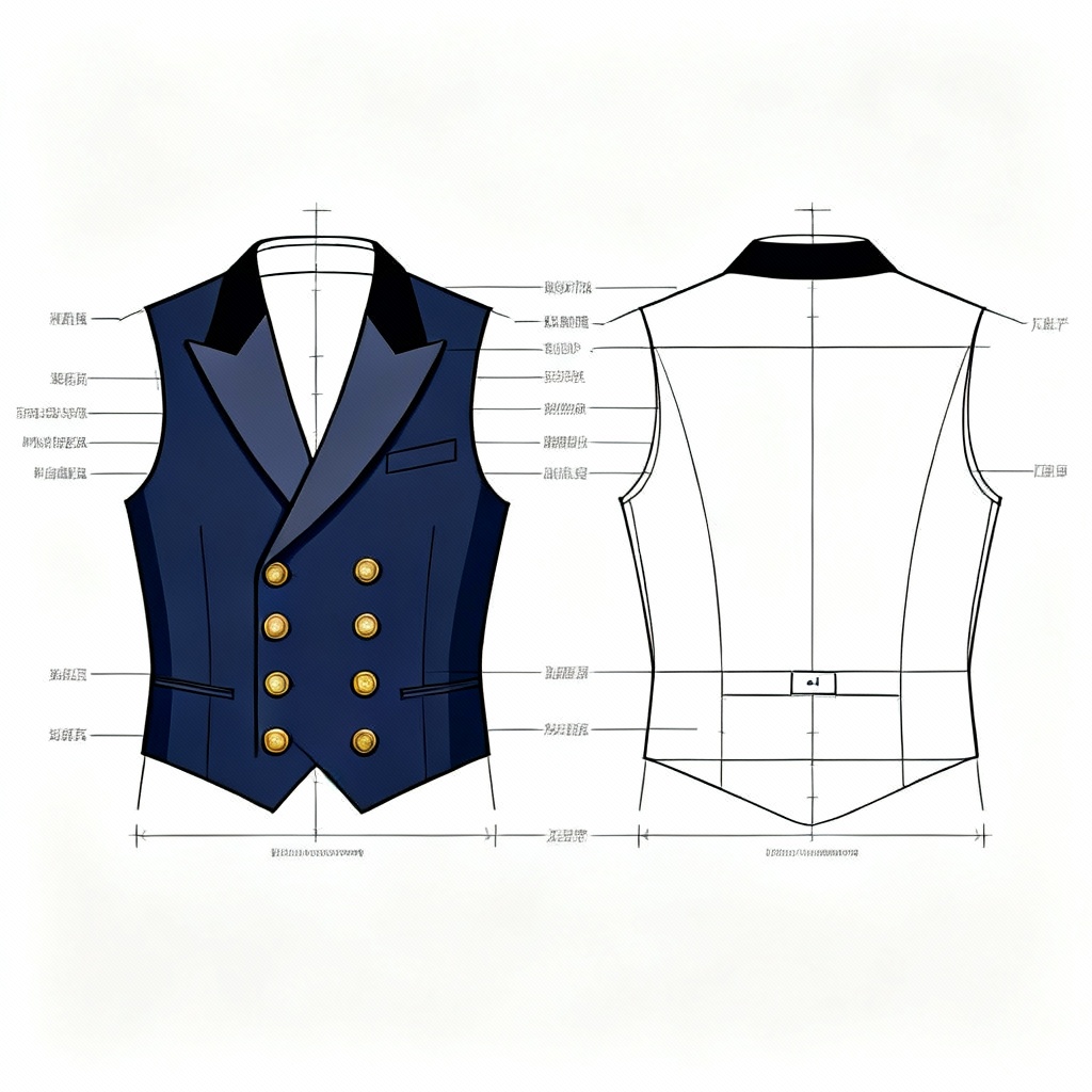 AI double-breasted navy waistcoat technical mockup
