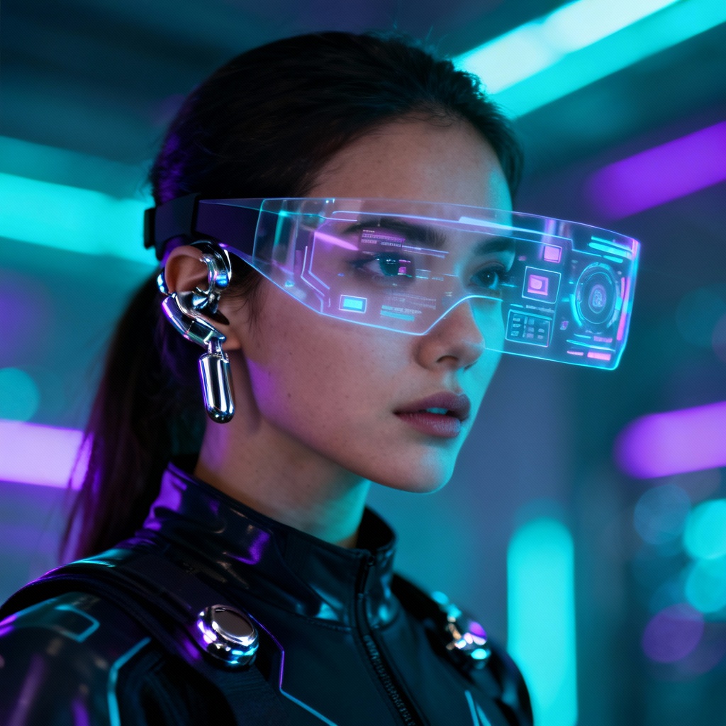 AI cybernetic operator with holographic visor and UI