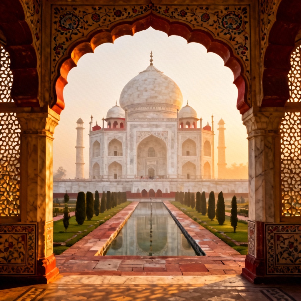 AI Mughal marble mausoleum with reflecting pool
