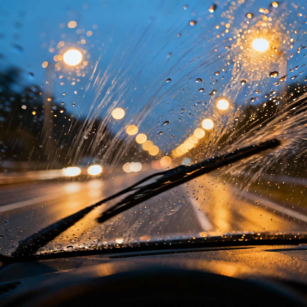 Raindrops on windshield with road bokeh lights