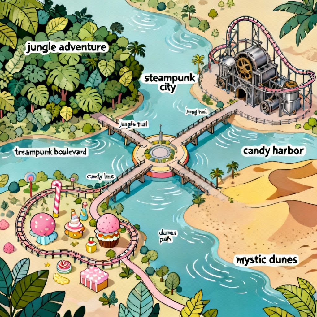 Isometric theme park map with multiple themed lands and hub