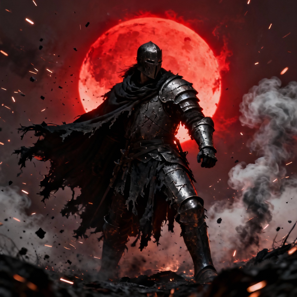 AI dark fantasy warrior under red eclipse with deep shadows