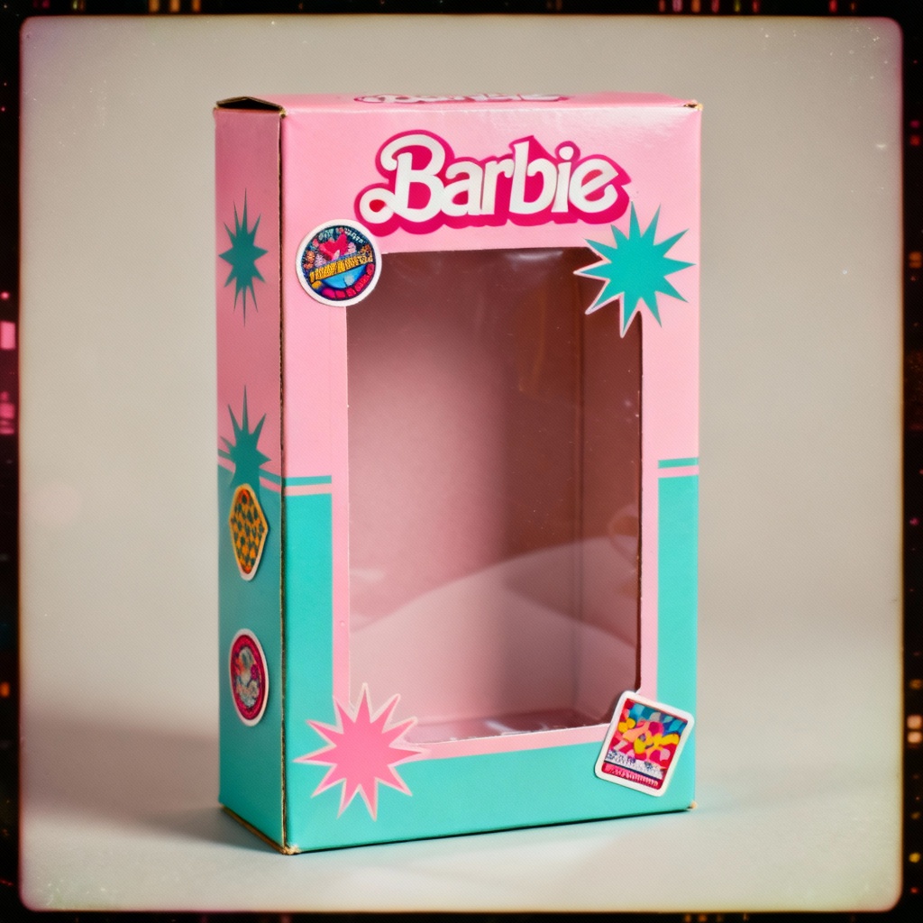 Retro 90s Barbie box look with pastel and starbursts