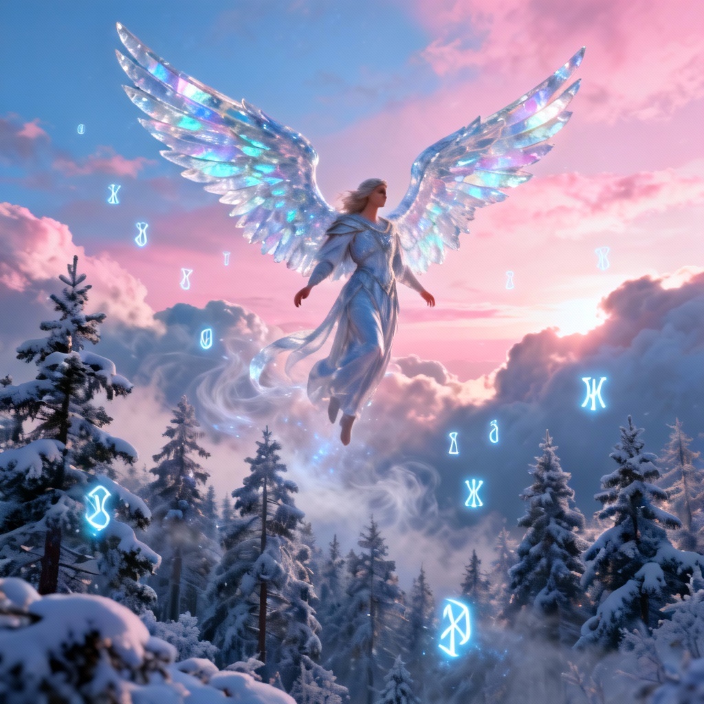 Ascending winter angel over snowy pine forests