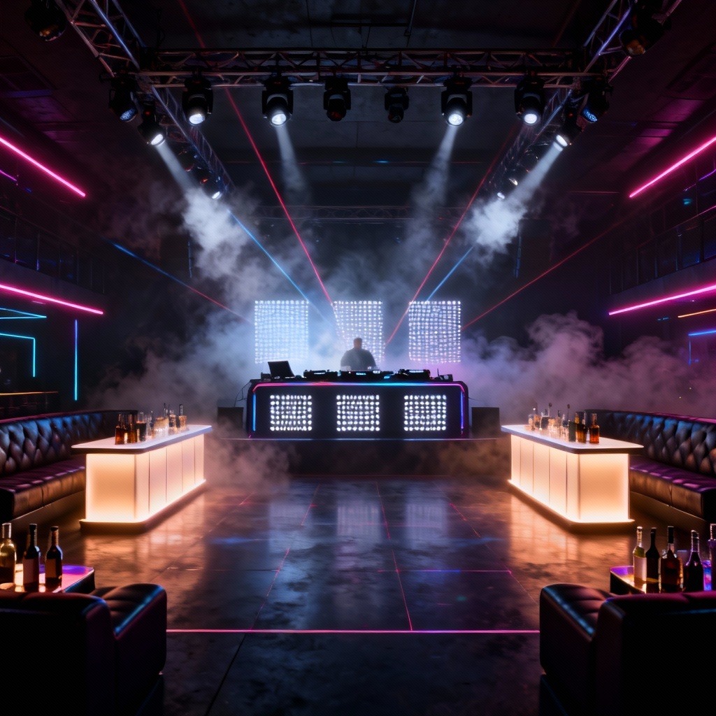 AI nightclub layout with stage, lasers, and VIP booths