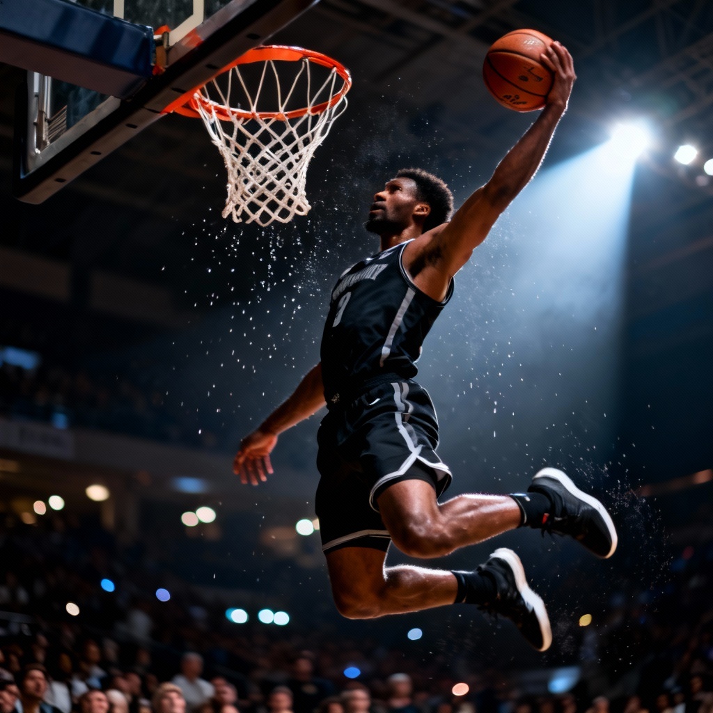 AI NBA-style dunk under arena lights