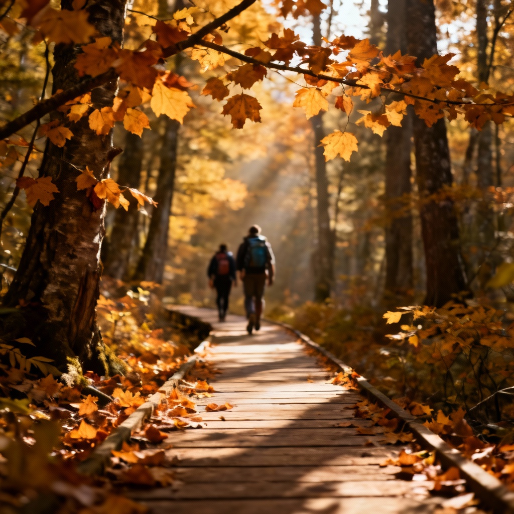 Autumn forest park boardwalk with warm foliage