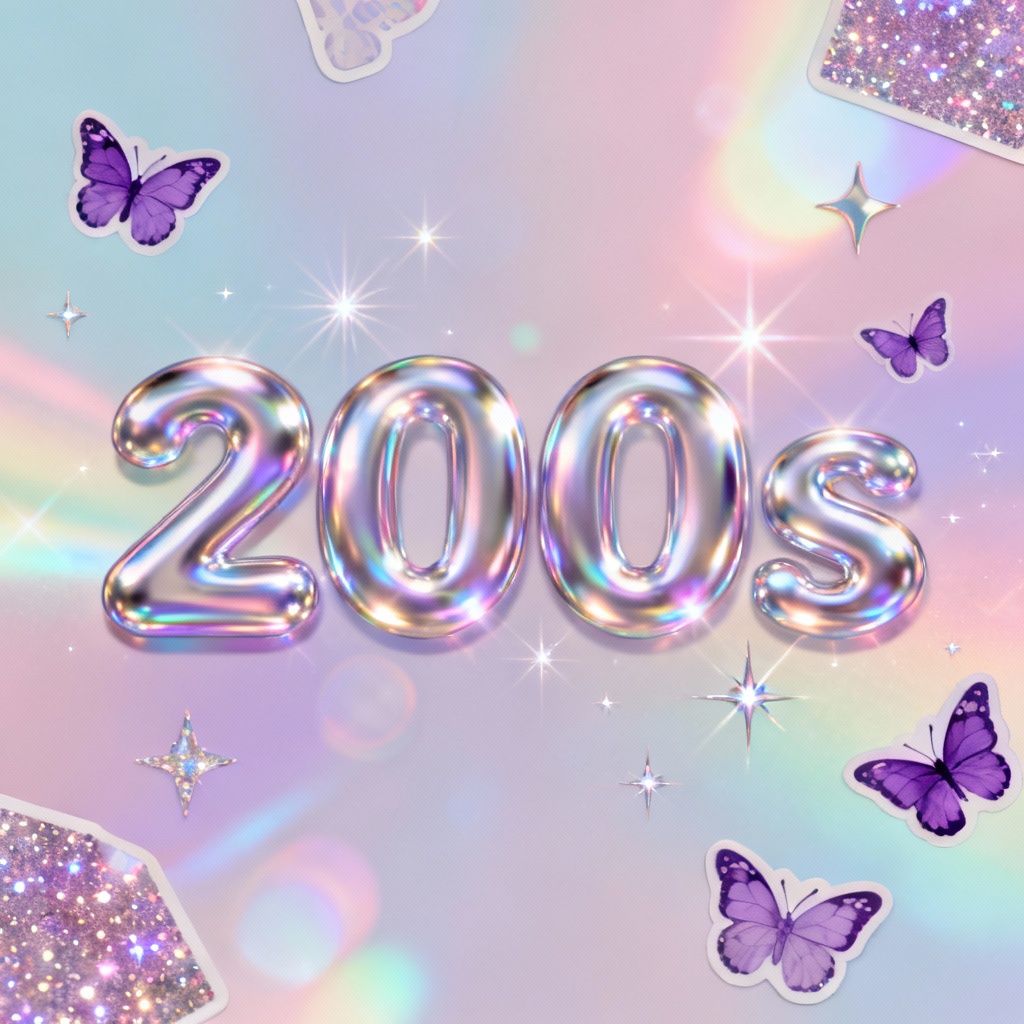 Holographic Y2K wallpaper with chrome text, sparkles, and butterfly stickers