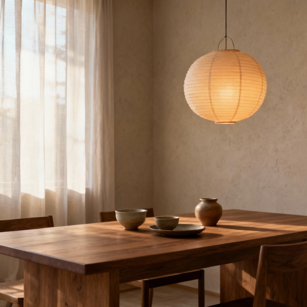 AI Japandi dining room with paper lantern lighting