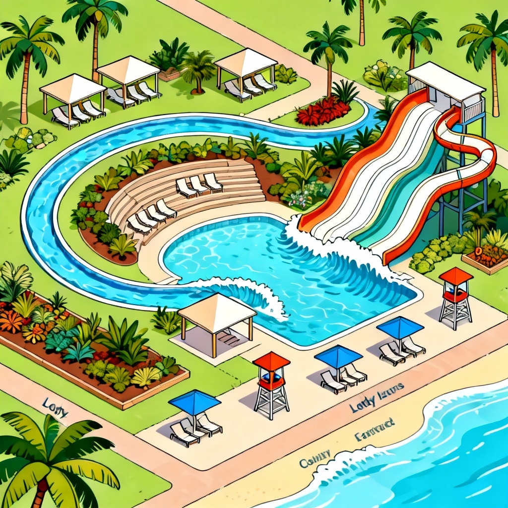AI top-down water park layout with lazy river and slides