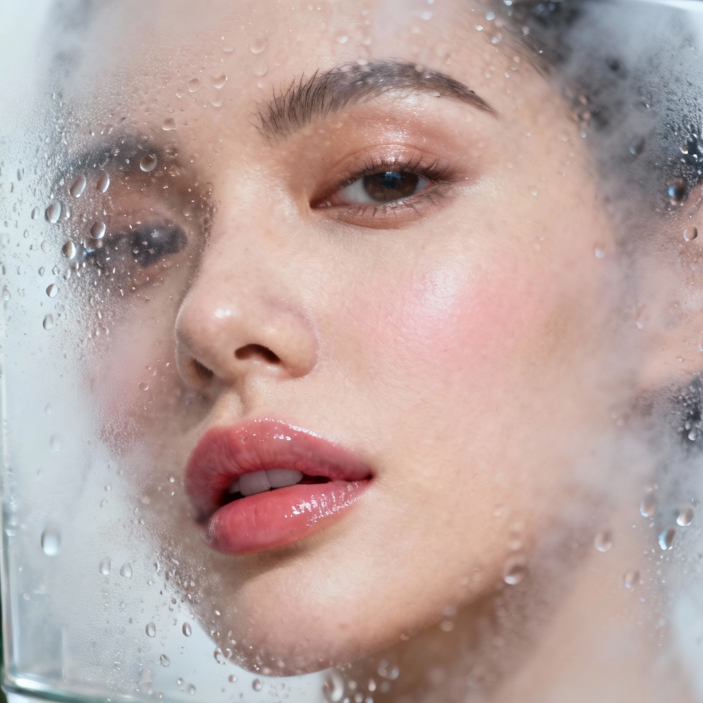Misted glass droplets in front of beauty portrait