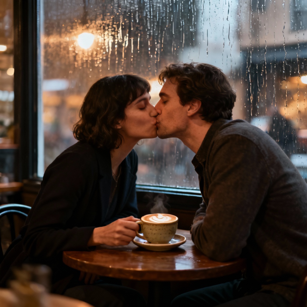 AI cozy cafe French kiss