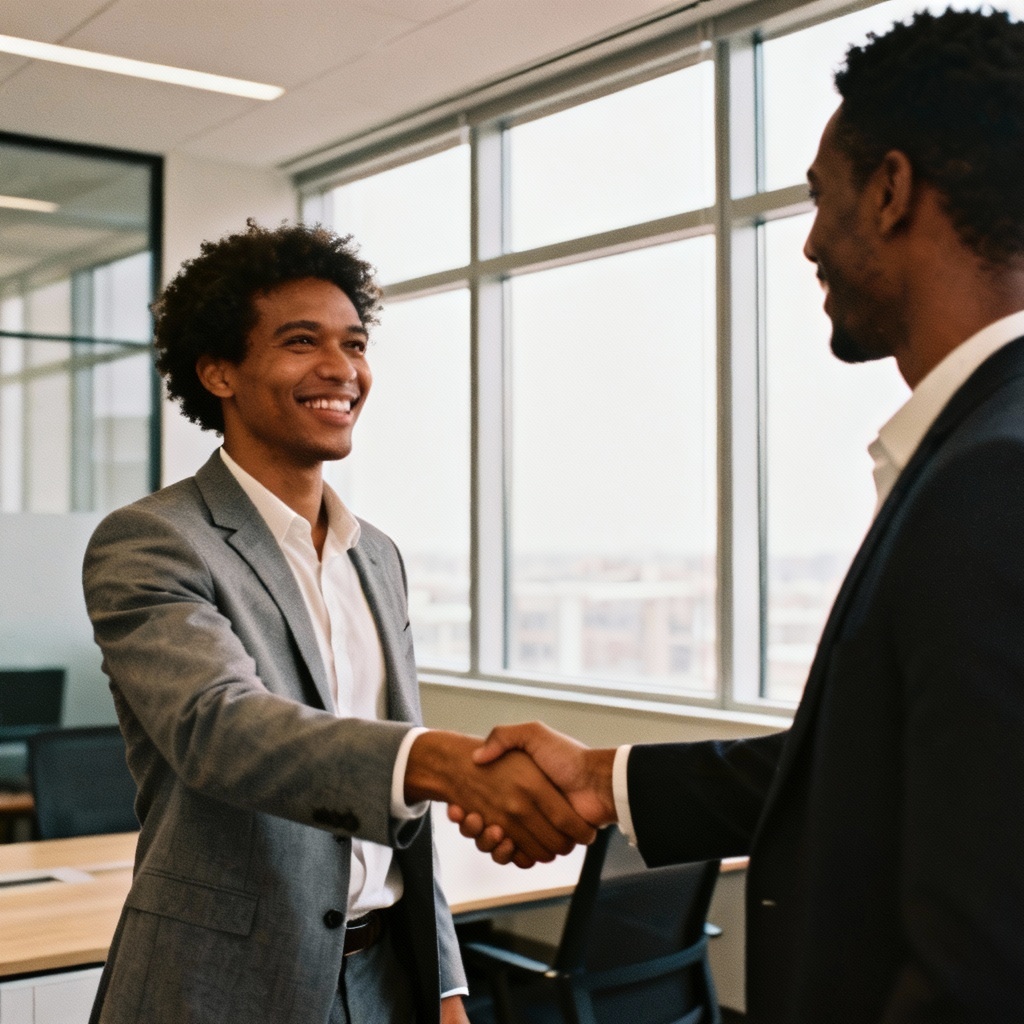 AI business handshake welcoming gesture in a modern office